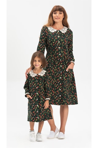 Uzun Kol Asya Yakalı Çocuk Pazen Elbise Çiçek Desen Yeşil