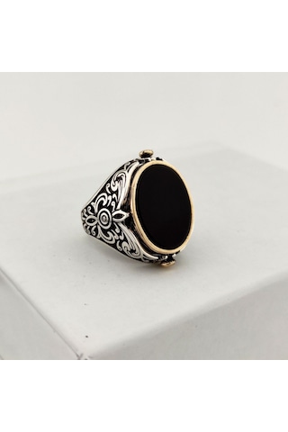 925 Ayar Gümüş Mineli Çift Taraflı Mührü Süleyman Erkek Yüzük Silver