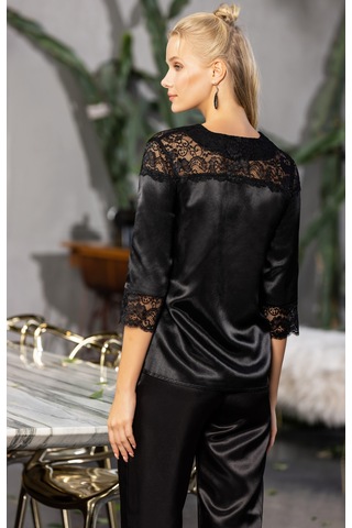 Laperissa Kadın Siyah Saten Düğmeli Pijama Takımı Dantel Detaylı, Şık Ve Rahat 2 Li Set Siyah