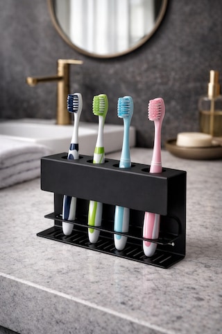 Metal Diş Fırçalık Siyah 4 Bölmeli Duvara Monte Diş Fırçası Tutucu Banyo Organizer