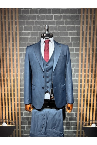 Dupont Classics Dupont Erkek Slim Fit 6 Drop Filafil Viskon Sivri Yaka Çift Yırtmaç Yelekli Takım Elbise Açık Lacivert