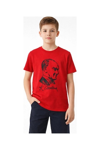 Wear Vexel Erkek Çocuk Atatürk Baskılı Tişört Kısa Kollu Bisiklet Yaka T-shirt - Kırmızı Çok Renkli