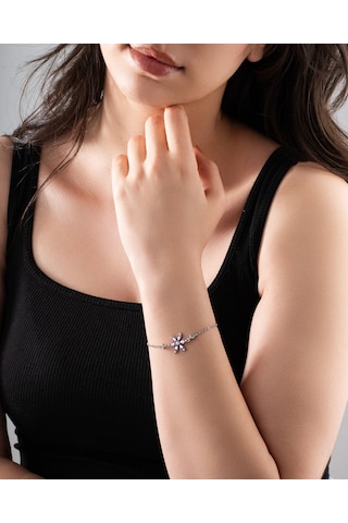 925 Ayar Pembe Taşlı Rodyum Lotus Çiçeği Gümüş Bileklik Gümüş - Rodyum