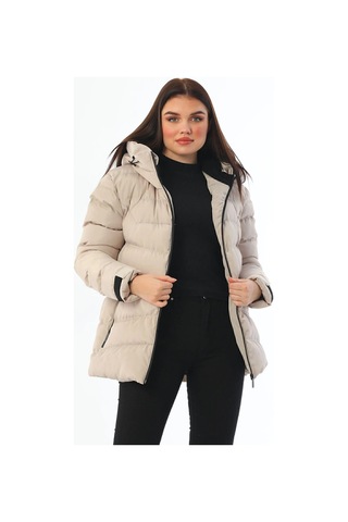 Spor Kadın Polarlı Kürklü Kapüşonlu Su Geçirmez Rüzgara Dayanıklı Şişme Mont Parka-104 Taş