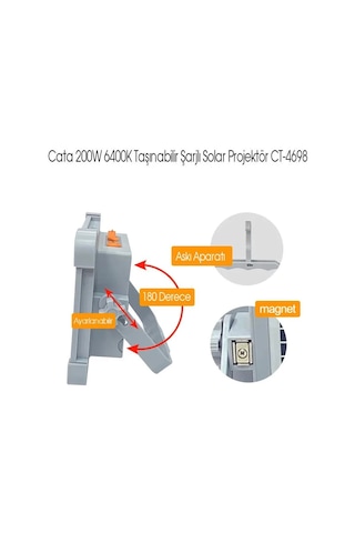 Cata Ct-4698 Miami 200w Solar Projektör Güneş Enerjili Şarjlı Led Işık 3 Renk Modu 6400k-4000k-3200k Dimmerli Dış Mekan Aydınlatma