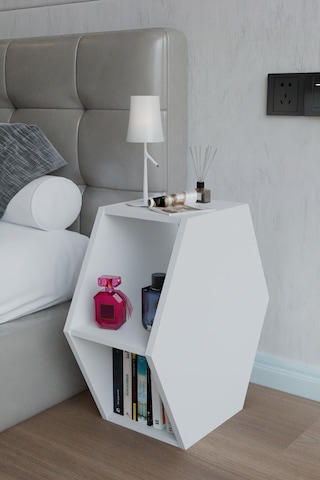 Alpa Ev Mobilya Altıgen Komodin, Modern Başucu Sehpası, Dekoratif Raflı Komodin Kitaplık Beyaz