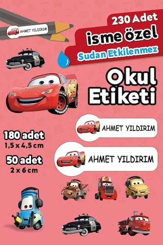 Şimşek Mcqueen Temalı Kişiye Özel İsimli Defter Kalem Okul Etiketi, Yırtılmaz Pvc Etiket, Islanmaz Beyaz