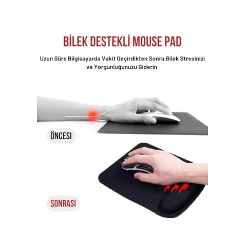 Kare Bilek Destekli Konfor Kaymaz Ergonomik Mouse Pad Siyah Siyah