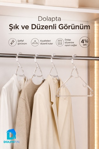 Klas Kristal Elbise Askısı 4 Lü Şeffaf Plastik Dolap İçi Kıyafet Askısı Düzenleyici -şeffaf