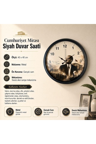 Cumhuriyet Mirası Siyah 40 X 40 Cm Metal Duvar Saati