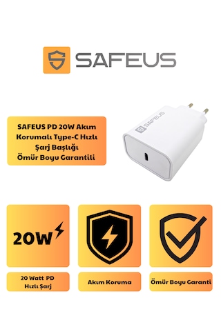 Safeus Pd 20w Akım Korumalı Type-c Hızlı Şarj Başlığı Ömür Boyu Garantili 20W Adaptör