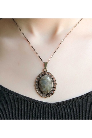 Doğal Taş Labradorit Doğal Taşlı Otantik Kadın Kolye 45 Cm Zincirli Euk13lbt Gri