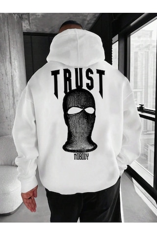 Nevermind Unisex Trust Baskılı Oversize Baskılı Kapşonlu Sweatsh Beyaz