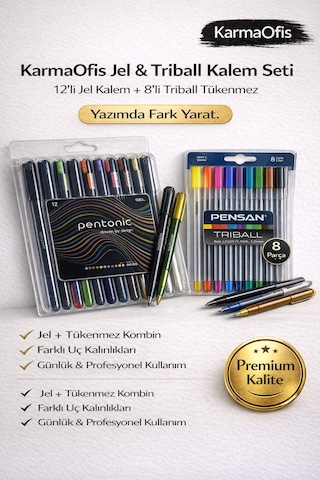Jel & Triball Kalem Seti 12 Li Jel Kalem + 8 Li Triball Tükenmez, Premium Yazım Diğer