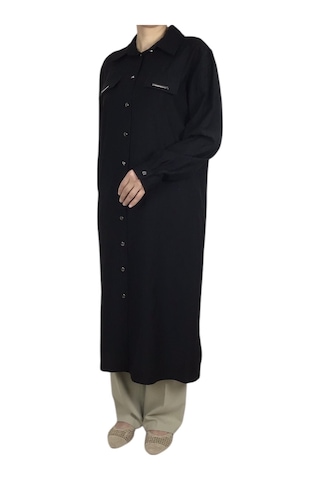 Kadın Önden Metal Düğmeli Yakalı Uzun Tunik Gömlek Siyah