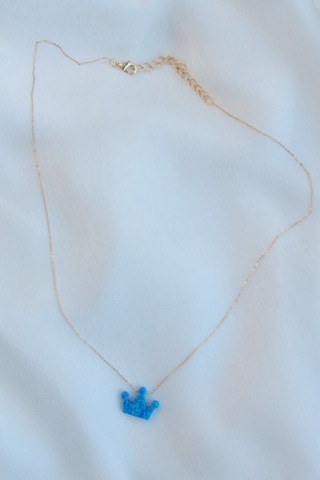 Opal Taşlı Kral Tacı Gold Kolye Mavi