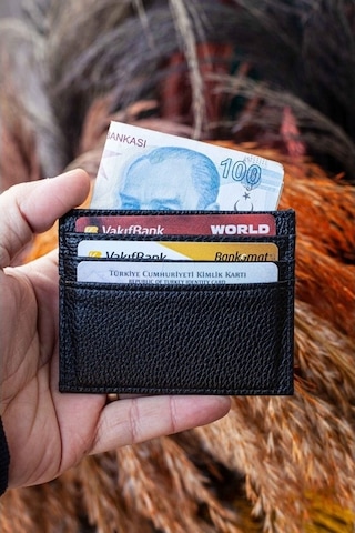 Unisex Mini Ve İnce Deri Dizme Kartlık Portföy Floter Siyah