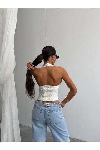 Herton Kadın Boyundan Bağlamalı Düğmeli Korseli Denim Büstiyer Top Çok Renkli