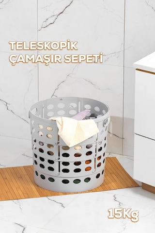 Porsima 25100-1 Teleskopik Katlanır Sepet Katlanabilir Çamaşır Sepeti Orta Boy Katlanır Çamaşır Sepeti Gri 15lt Gri