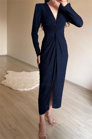 Neşeli Butik Kadın Mavi Bel Büzgü Detaylı Yırtmaçlı Midi Boy Abiye Elbise Nm027 Mavi