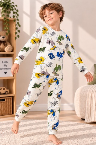 Free Beka Desenli Bisiklet Yaka %100 Pamuklu İnterlok Kumaş Erkek Çocuk Uzun Kollu Pijama Takımı Krem