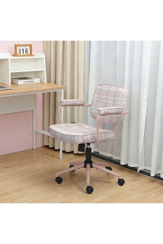 Button Ekose Kumaş Ofis Ve Çalışma Sandalyesi Pembe Fuşya