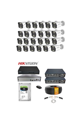 24'lü 5mp Poe Ip Kamera Seti Hikvision Nvr Ses Kayıtlı 1tb Hdd Metal Kasa İç/dış Ortam 710 Metre Kablo