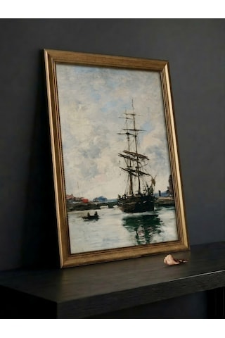 Gold Vintage 60x80 Çerçeveli Tablo - Klasik Marin Yelkenli Gemi Yağlı Boya Görünümlü 50x70cm Dokulu Baskı Deniz Temalı Lüks Duvar Sanatı