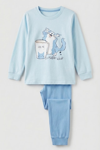 Kız Çocuk Pamuklu Desenli Pijama Takımı 8411 Buz Mavi Buz Mavi
