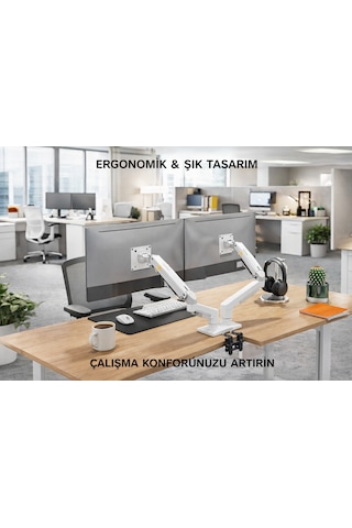 Nb F160 Beyaz Çift Kol Monitör Tutucu 17 27 Gazlı Amortisörlü, 2 9 Kg, Vesa Masaüstü Stand