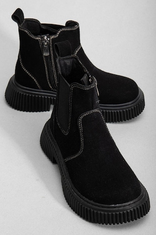 Tonny Black Kalın Tırtıklı Termo Taban Fermuarlı Lastikli Çocuk Unisex Siyah Süet Chelsea Bot Tbgrf005 Siyah Süet