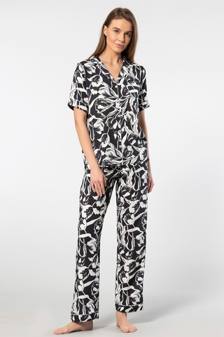 Türen Kadın Desenli Kısa Kol Dokuma Pijama Takımı Siyah