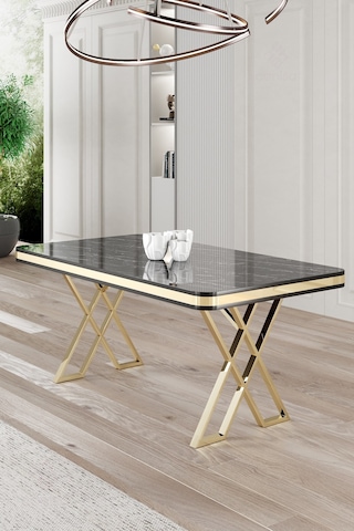 Canisa Vals Serisi 80x130 Lak Panel Sabit Masa Siyah Mermer Desen Gold Ayaklı Masa Siyah Mermer Desen Ayaklar Gold