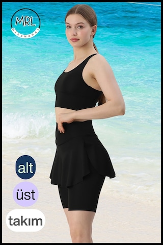 Kadın Siyah Takım Alt - Üst Biker Şort Diz Üstü &crop Bra Ped Destekli Denizde Havuzda Sporda Siyah