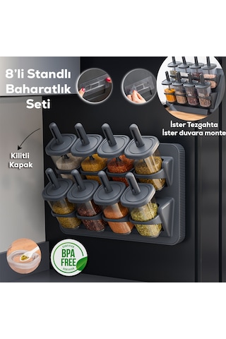 Porsima 1124 Standlı Kaydırmalı Kaşıklı Kapaklı Baharatlık Seti Antrasit