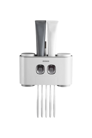 Geeroyoo Duvar Tipi Diş Fırçası Ve Macunluk Seti, 5 Fırça Yuvası, 4 Bardak, 2 Macunluk, Kolay Kurulum, Gri Beyaz