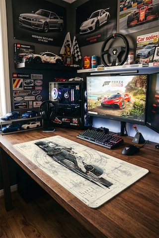 Formula 1 Yarış Arabası Blueprint 40x90 Cm Oyuncu Mousepad Kaymaz Taban Büyük Boy Mousepad Siyah