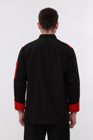 Uniprom Uzun Kollu Aşçı Ceketi Önlük Nakışlı Cepli Şef, Garson Siyah - Kırmızı