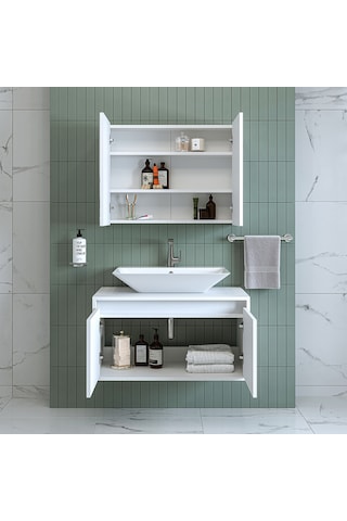 Banos Banyo Roomart Tm7.2 Mat Beyaz Mdf 85 Cm Banyo Dolabı + Ayna Mat Beyaz