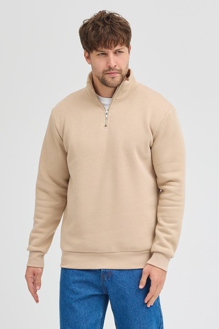 Polostate Unisex Regular Fit Rahat Kesim Pamuklu Içi Polarlı Yarım Fermuarlı Bej Dik Yaka Sweatshirt Bej