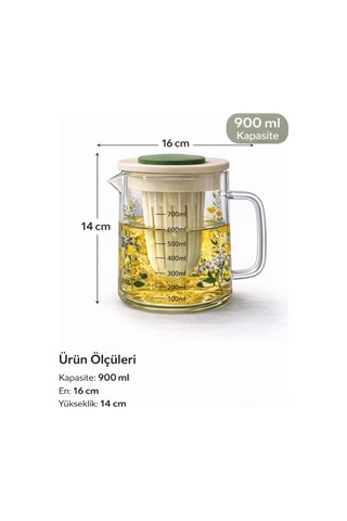 Isıya Dayanıklı Borosilikat Cam Bitki Çayı Ve Detox Demliği,süzgeçli,ölçekli,kulplu Sürahi,900 Ml Diğer