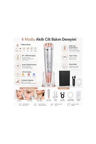 W-618j 6 Modlu Rf Ems Yüz Bakım Cihazı, Kırmızı/mavi Led, Sıcak-soğuk Kompres, Titreşimli Şarjlı Cilt Masaj Aleti, Standlı
