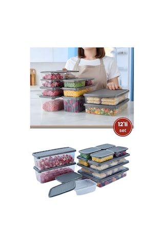 12 Li Buzdolabı Düzenleyici Set, Buzluk Derin Dondurucu Buzdolabı Saklama Kabı 12 Li Set 16 Litre Gri