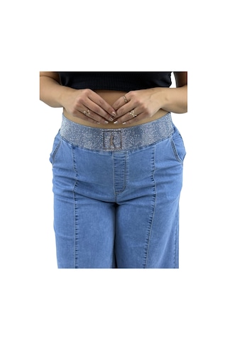Büyük Beden Denim Taşlı Bol Paça Detaylı Kadın Pantolon Mavi
