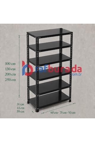 6 Katlı Renkli Dekoratif Çelik Raf - Çiçeklik Rafı, Ofis Rafı 0,70 Mm Siyah-59x60 Cm-150 Cm