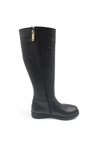 Glace Siyah Düz Taban Ve Fermuarlı Rahat Kadın Çizme Siyah