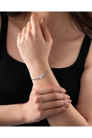 925 Ayar Rodyum Zirkon Taşlı Kalp Gümüş Bileklik Gümüş - Rodyum