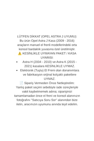 Opel Astra J Kasa 2009 2010 2011 2012 2013 2014 2015 2016 Uyumlu Araca Özel Kolçak Kol Dayama Orta Konsol Siyah