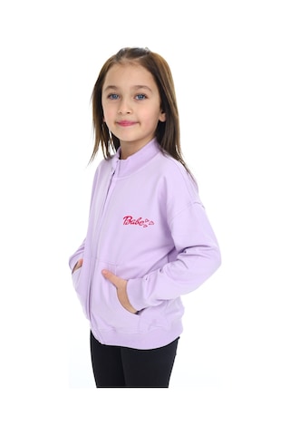Toontoy Kız Çocuk Lila Dik Yaka Fermuarlı Düşük Omuz Cepli Nakış Baskılı Örme Hırka - 2 İplik Şardonlu Lila