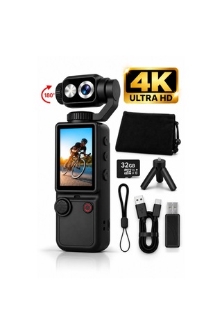 4k Ultra Hd Dijital Kamera 180 Dönen Lens Taşınabilir Video Fotoğraf Kamera 32gb Hafıza Kartı Hediyeli